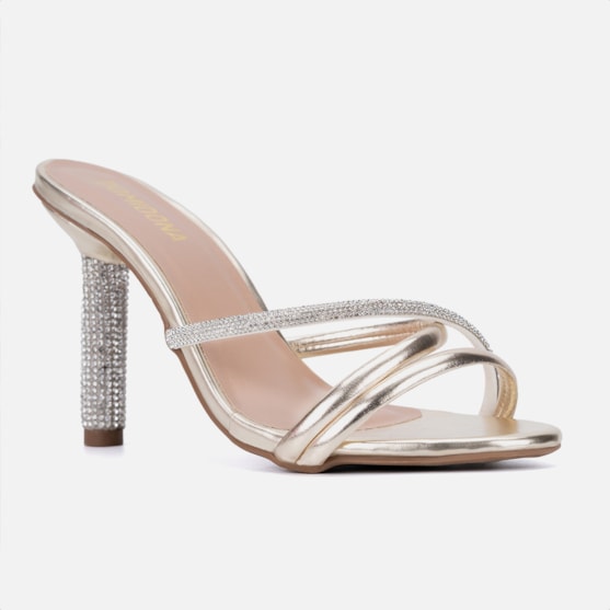 Segunda imagem do produto Sandália Feminina Dourada Tiras Triplas Salto Alto De Strass