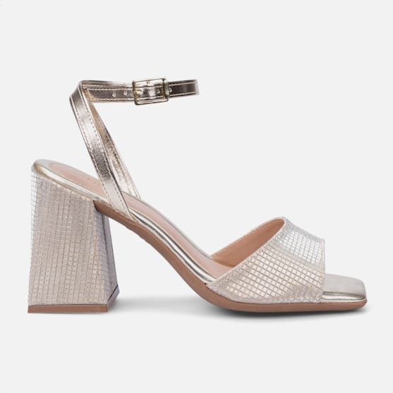 Sandália Feminina Dourado Salto Geométrico Bico Quadrado