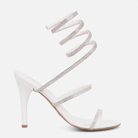 Sandália Feminina Espiral Salto Fino Com Strass Brilho Domidona Off White