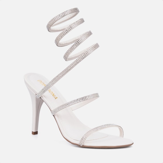 Segunda imagem do produto Sandália Feminina Espiral Salto Fino Com Strass Brilho Domidona Off White