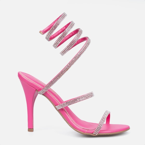 Sandália Feminina Espiral Salto Fino Com Strass Brilho Domidona Pink