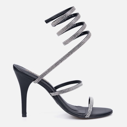 Sandália Feminina Espiral Salto Fino Com Strass Brilho Domidona Preta