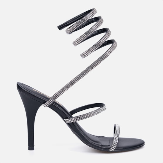 Sandália Feminina Espiral Salto Fino Com Strass Brilho Domidona Preta