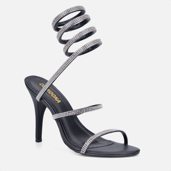 Segunda imagem do produto Sandália Feminina Espiral Salto Fino Com Strass Brilho Domidona Preta