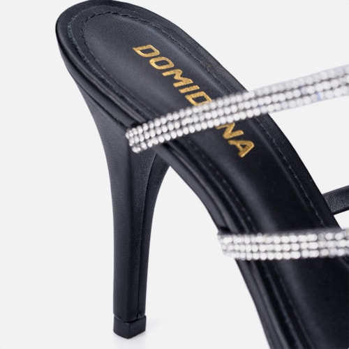Sandália Feminina Espiral Salto Fino Com Strass Brilho Domidona Preta
