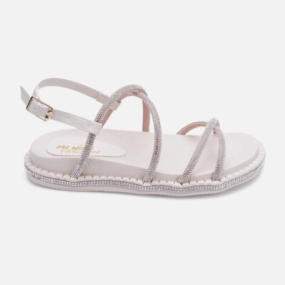 Sandália Feminina Flatform Infantil Tira De Strass Na Sola Off White