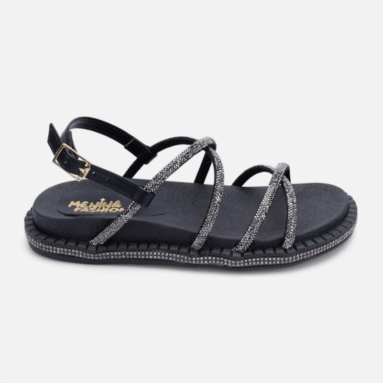 Sandália Feminina Flatform Infantil Tira De Strass Na Sola Preto