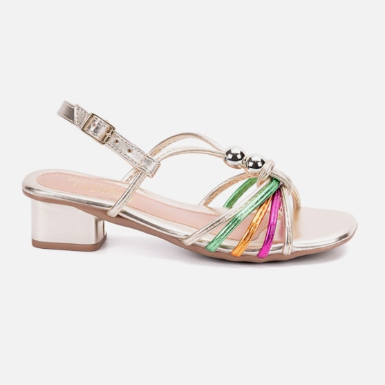 Sandália Feminina Infantil De Tiras Saltinho Baixo Pérolas Colorido