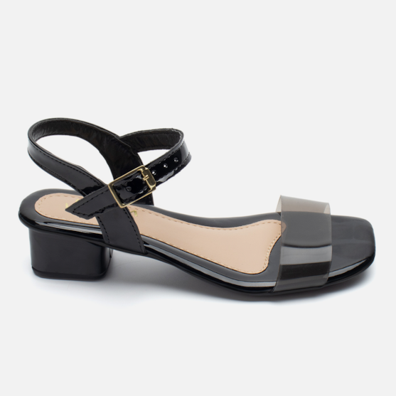 Sandália Feminina Infantil De Vinil Saltinho Baixo Verniz Preto