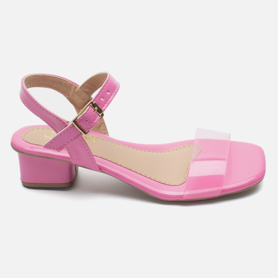 Sandália Feminina Infantil De Vinil Saltinho Baixo Verniz Rosa