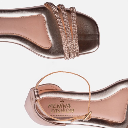 Sandália Feminina Infantil Saltinho Baixo Com Strass Confort Cobre