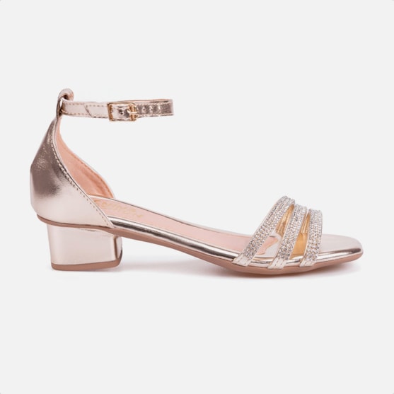 Sandália Feminina Infantil Saltinho Baixo Com Strass Confort Dourado
