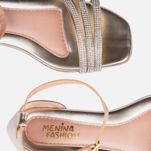 Sandália Feminina Infantil Saltinho Baixo Com Strass Confort Dourado