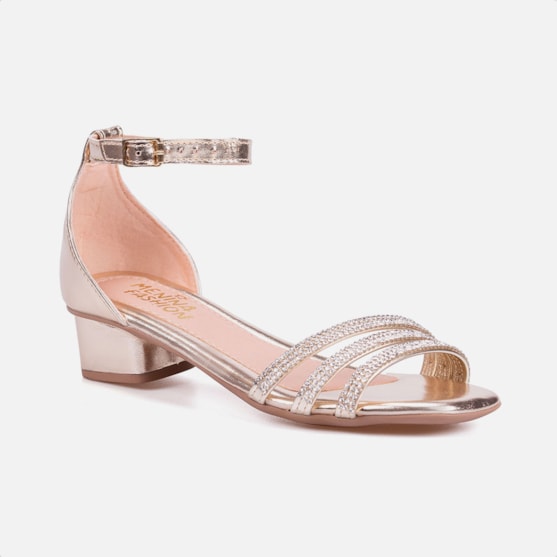 Segunda imagem do produto Sandália Feminina Infantil Saltinho Baixo Com Strass Confort Dourado