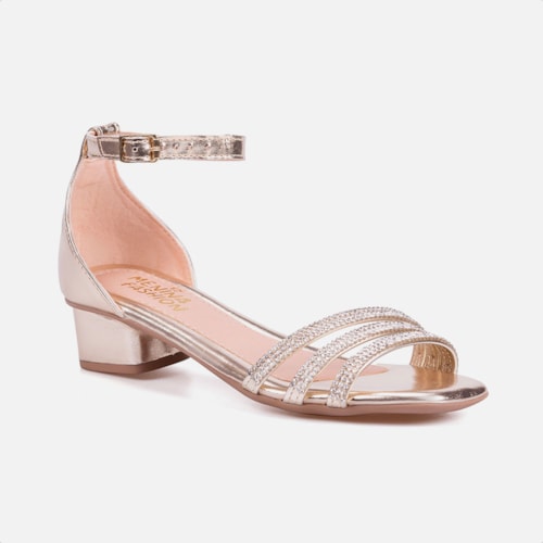 Sandália Feminina Infantil Saltinho Baixo Com Strass Confort Dourado