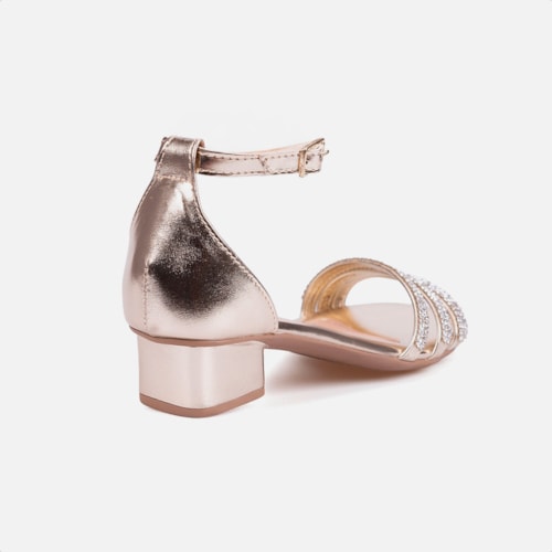 Sandália Feminina Infantil Saltinho Baixo Com Strass Confort Dourado