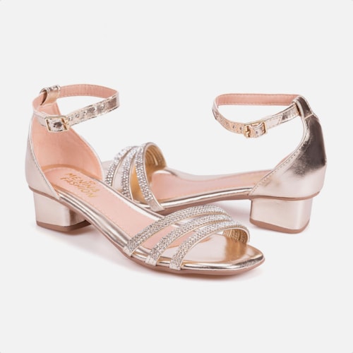 Sandália Feminina Infantil Saltinho Baixo Com Strass Confort Dourado