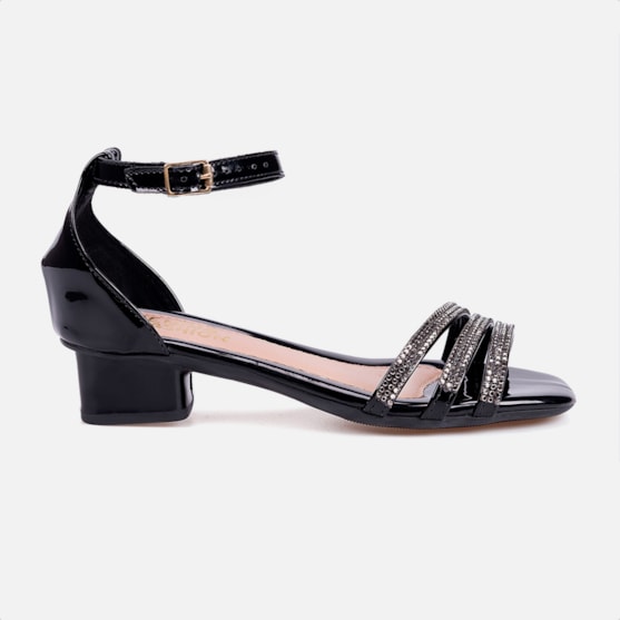Sandália Feminina Infantil Saltinho Baixo Com Strass Confort Preto