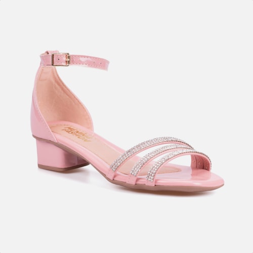 Sandália Feminina Infantil Saltinho Baixo Com Strass Confort Rosa