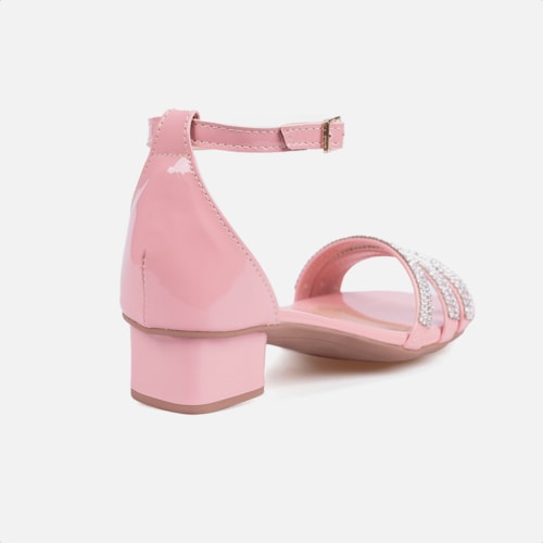 Sandália Feminina Infantil Saltinho Baixo Com Strass Confort Rosa