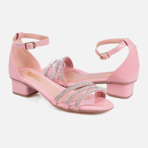 Sandália Feminina Infantil Saltinho Baixo Com Strass Confort Rosa