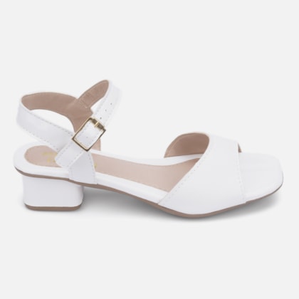 Sandália Feminina Infantil Salto Tira Brilhante Bico Quadrado Branco