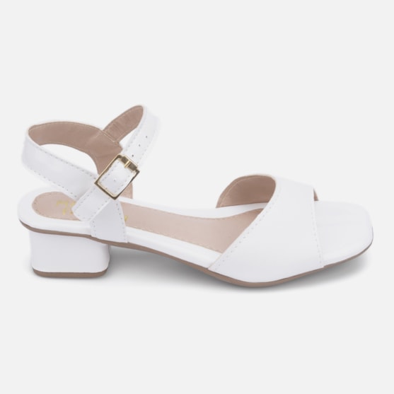 Sandália Feminina Infantil Salto Tira Brilhante Bico Quadrado Branco