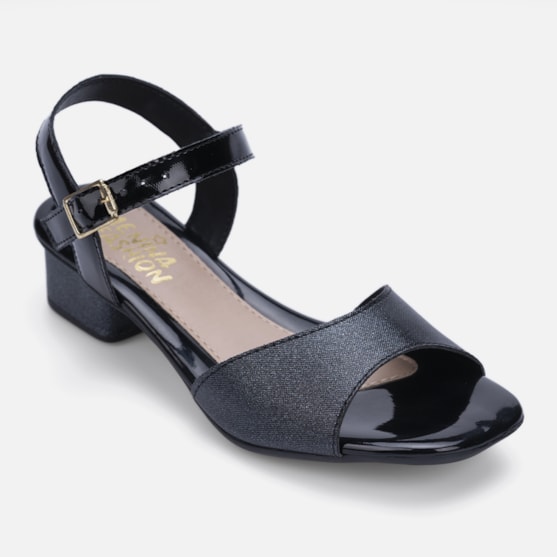 Segunda imagem do produto Sandália Feminina Infantil Salto Tira Brilhante Bico Quadrado Preto