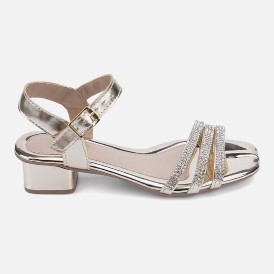 Sandália Feminina Infantil Tiras Com Strass Salto Curto Bloco Dourado