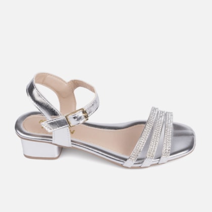 Sandália Feminina Infantil Tiras Com Strass Salto Curto Bloco Prata