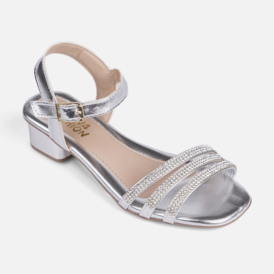Segunda imagem do produto Sandália Feminina Infantil Tiras Com Strass Salto Curto Bloco Prata