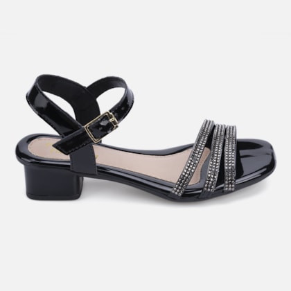 Sandália Feminina Infantil Tiras Com Strass Salto Curto Bloco Preto