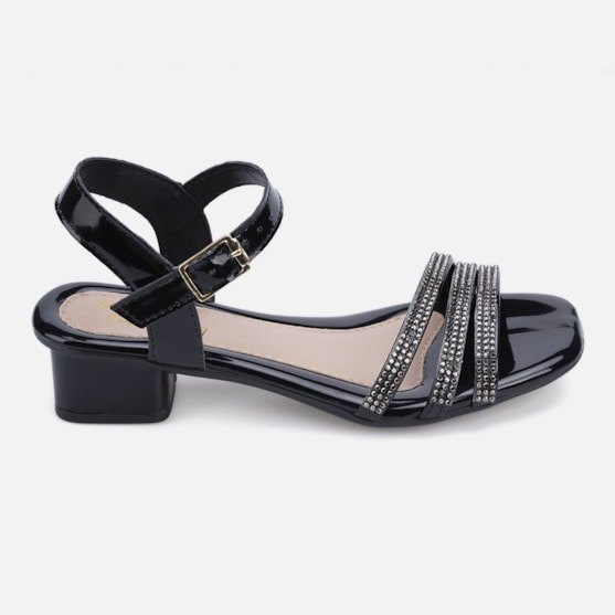 Sandália Feminina Infantil Tiras Com Strass Salto Curto Bloco Preto