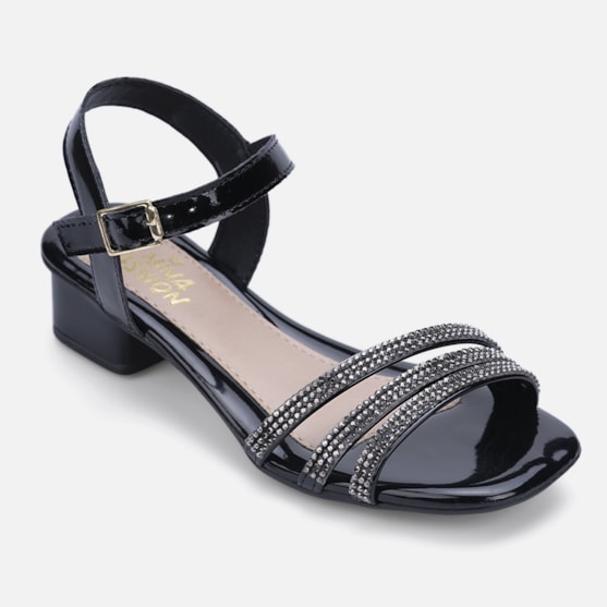 Segunda imagem do produto Sandália Feminina Infantil Tiras Com Strass Salto Curto Bloco Preto