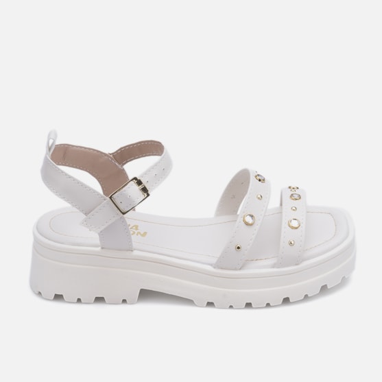 Sandália Feminina Infantil Tratorada Papete Tiras Com Joias Off White