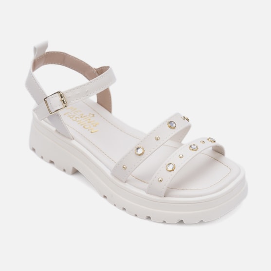 Segunda imagem do produto Sandália Feminina Infantil Tratorada Papete Tiras Com Joias Off White