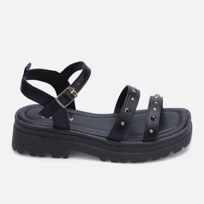 Sandália Feminina Infantil Tratorada Papete Tiras Com Joias Preta