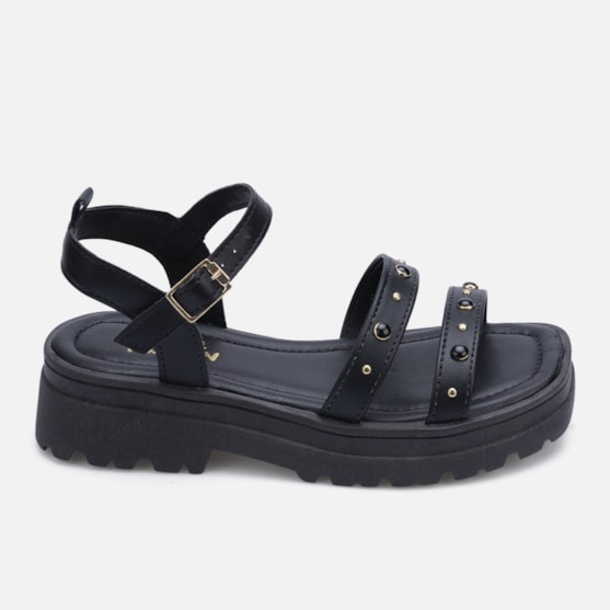 Sandália Feminina Infantil Tratorada Papete Tiras Com Joias Preta