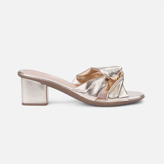 Sandália Feminina Laço Bico Quadrado Salto Médio Bloco Dourada