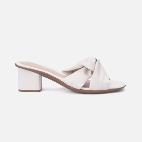 Sandália Feminina Laço Bico Quadrado Salto Médio Bloco Off White