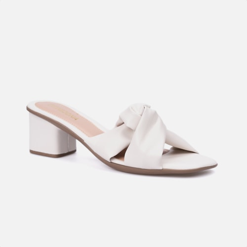 Sandália Feminina Laço Bico Quadrado Salto Médio Bloco Off White