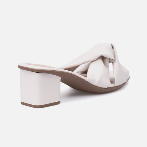 Sandália Feminina Laço Bico Quadrado Salto Médio Bloco Off White