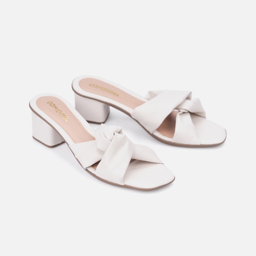 Sandália Feminina Laço Bico Quadrado Salto Médio Bloco Off White