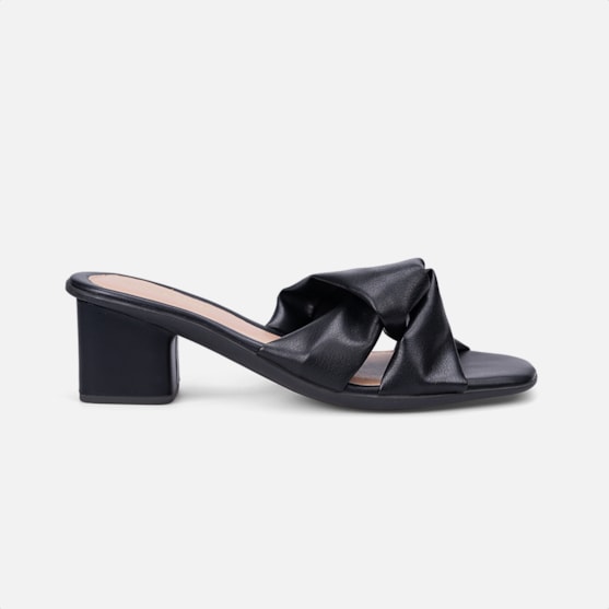Sandália Feminina Laço Bico Quadrado Salto Médio Bloco Preta