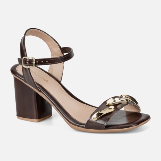 Segunda imagem do produto Sandália Feminina Marrom Salto Bloco Médio Detalhe Dourado Domidona