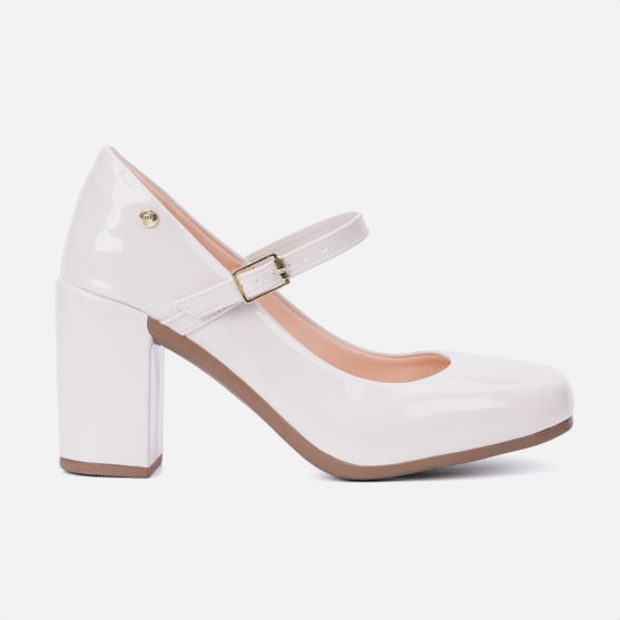 Sandália Feminina Mary Jane Salto Bloco Grosso Bico Quadrado Off White Verniz