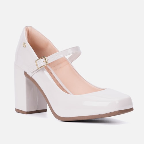 Sandália Feminina Mary Jane Salto Bloco Grosso Bico Quadrado Off White Verniz
