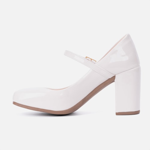 Sandália Feminina Mary Jane Salto Bloco Grosso Bico Quadrado Off White Verniz