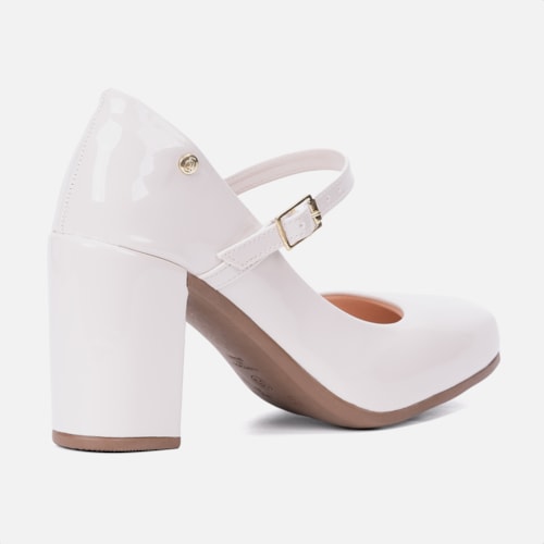 Sandália Feminina Mary Jane Salto Bloco Grosso Bico Quadrado Off White Verniz