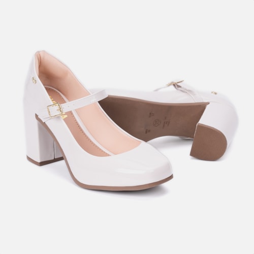 Sandália Feminina Mary Jane Salto Bloco Grosso Bico Quadrado Off White Verniz